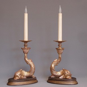 Pair Of Dolphin Candle Sticks Wired As Lamps.